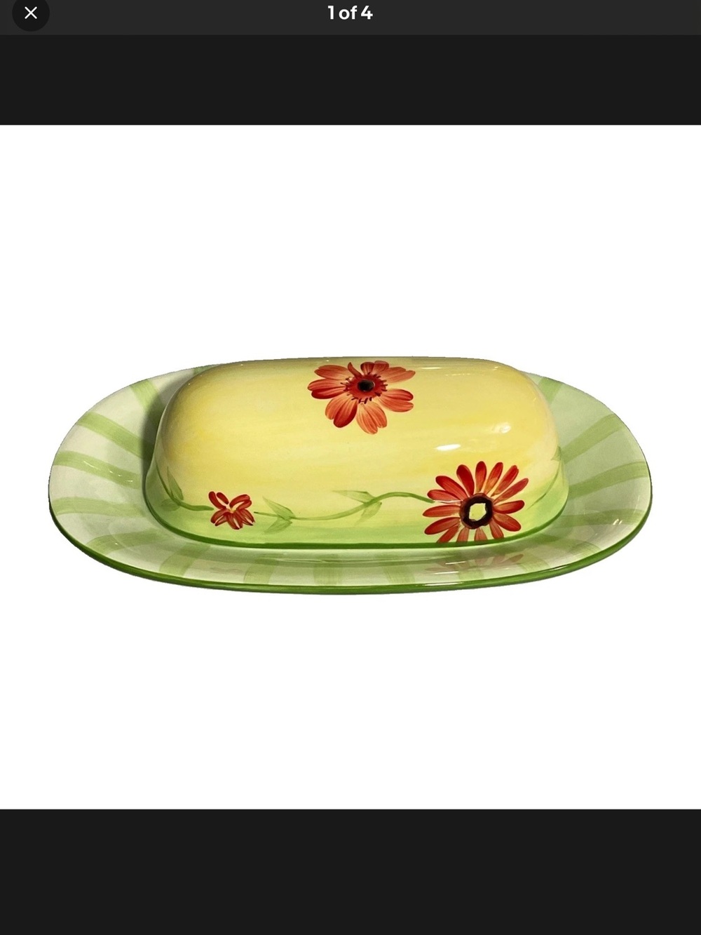 Pfaltzgraff Yellow Green Hand-Painted Floral VTG Covered Butter Dish Daybreak